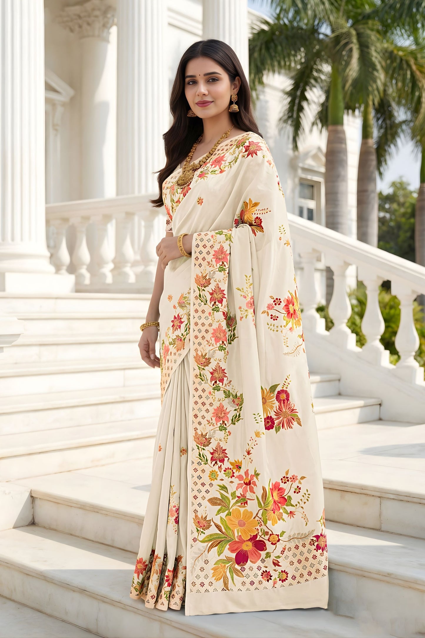 Elegant Cream Floral Printed Cotton Saree with Traditional Border