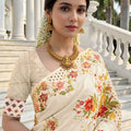Elegant Cream Floral Printed Cotton Saree with Traditional Border