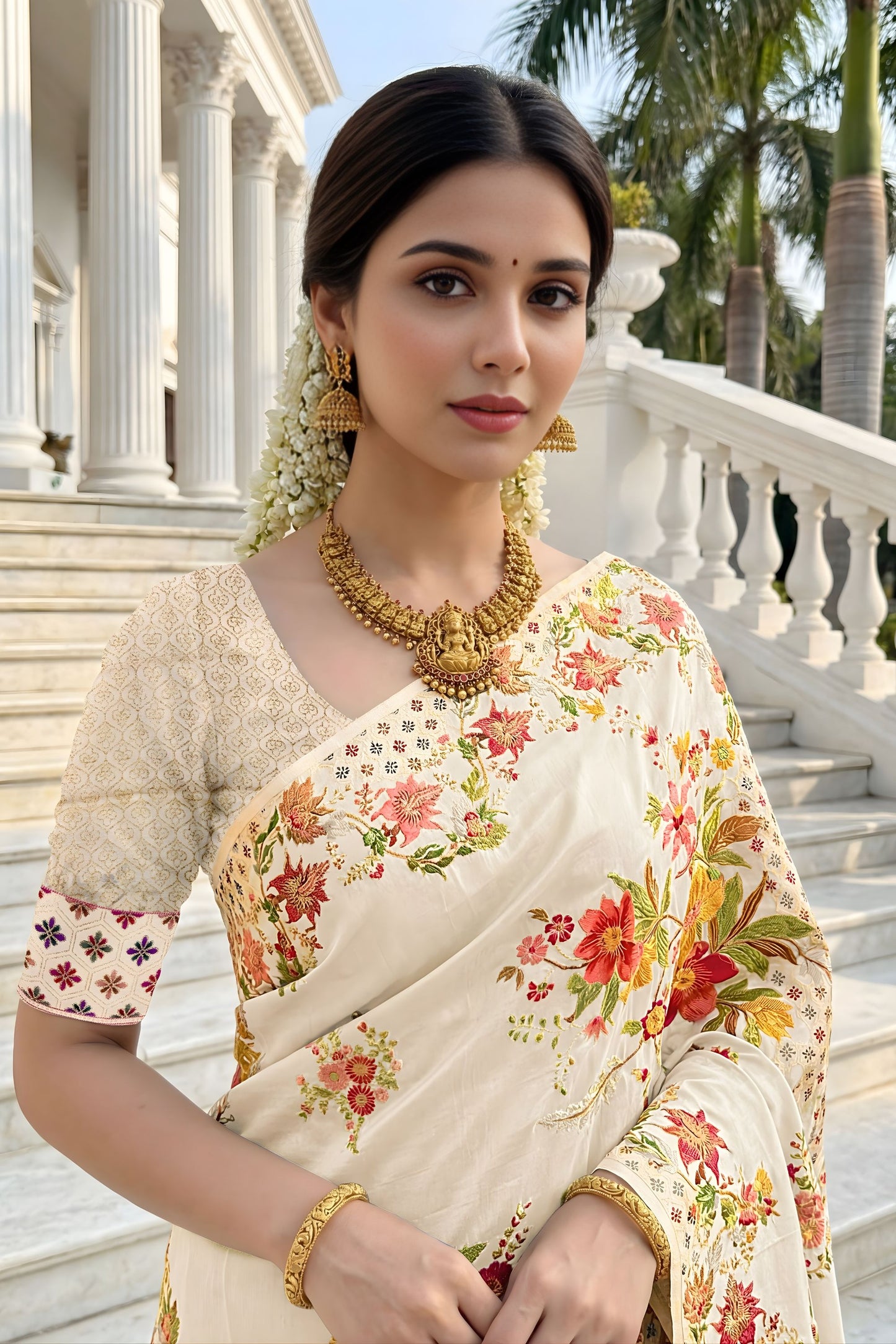 Elegant Cream Floral Printed Cotton Saree with Traditional Border