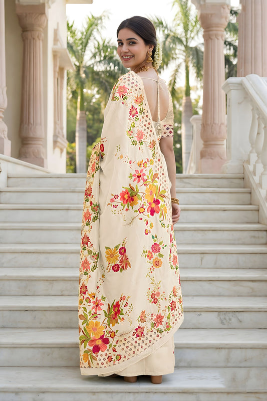 Elegant Cream Floral Printed Cotton Saree with Traditional Border