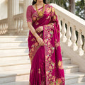 Magenta Floral Printed Silk Saree Rich Border Traditional Saree