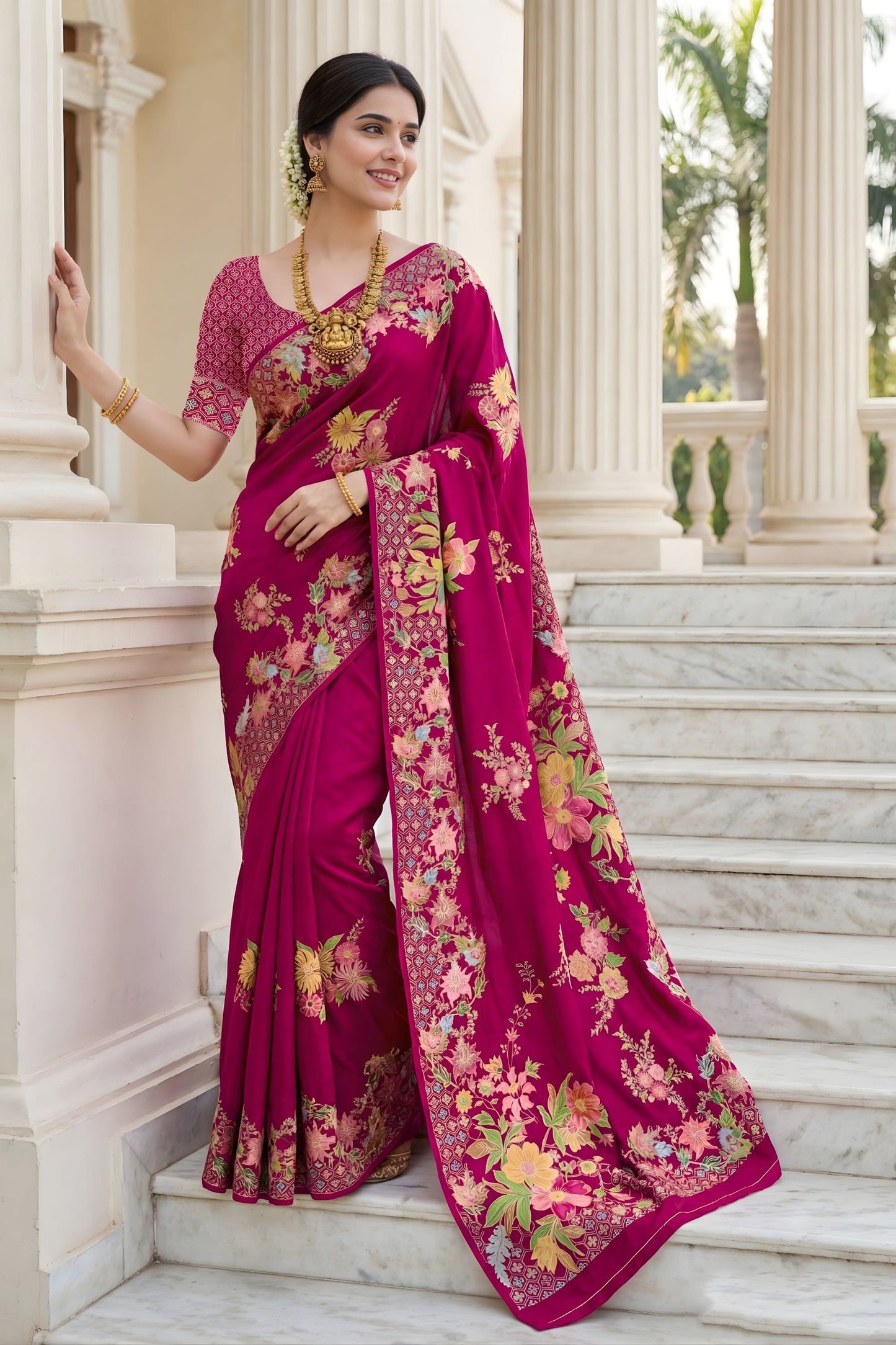  Magenta Floral Printed Silk Saree Rich Border Traditional Saree