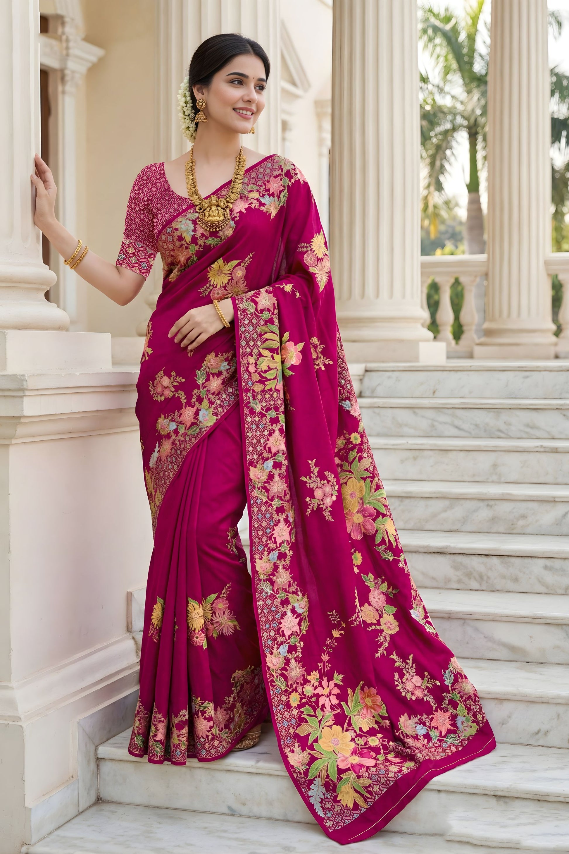 Magenta Floral Printed Silk Saree Rich Border Traditional Saree