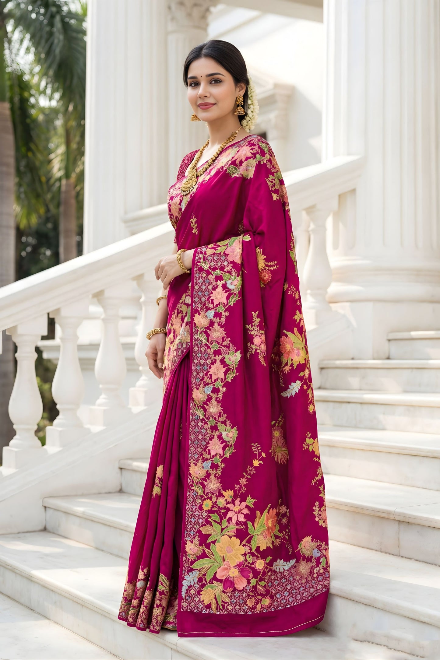 Magenta Floral Printed Silk Saree Rich Border Traditional Saree