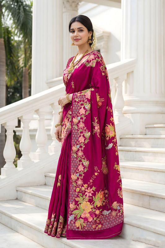 Magenta Floral Printed Silk Saree Rich Border Traditional Saree