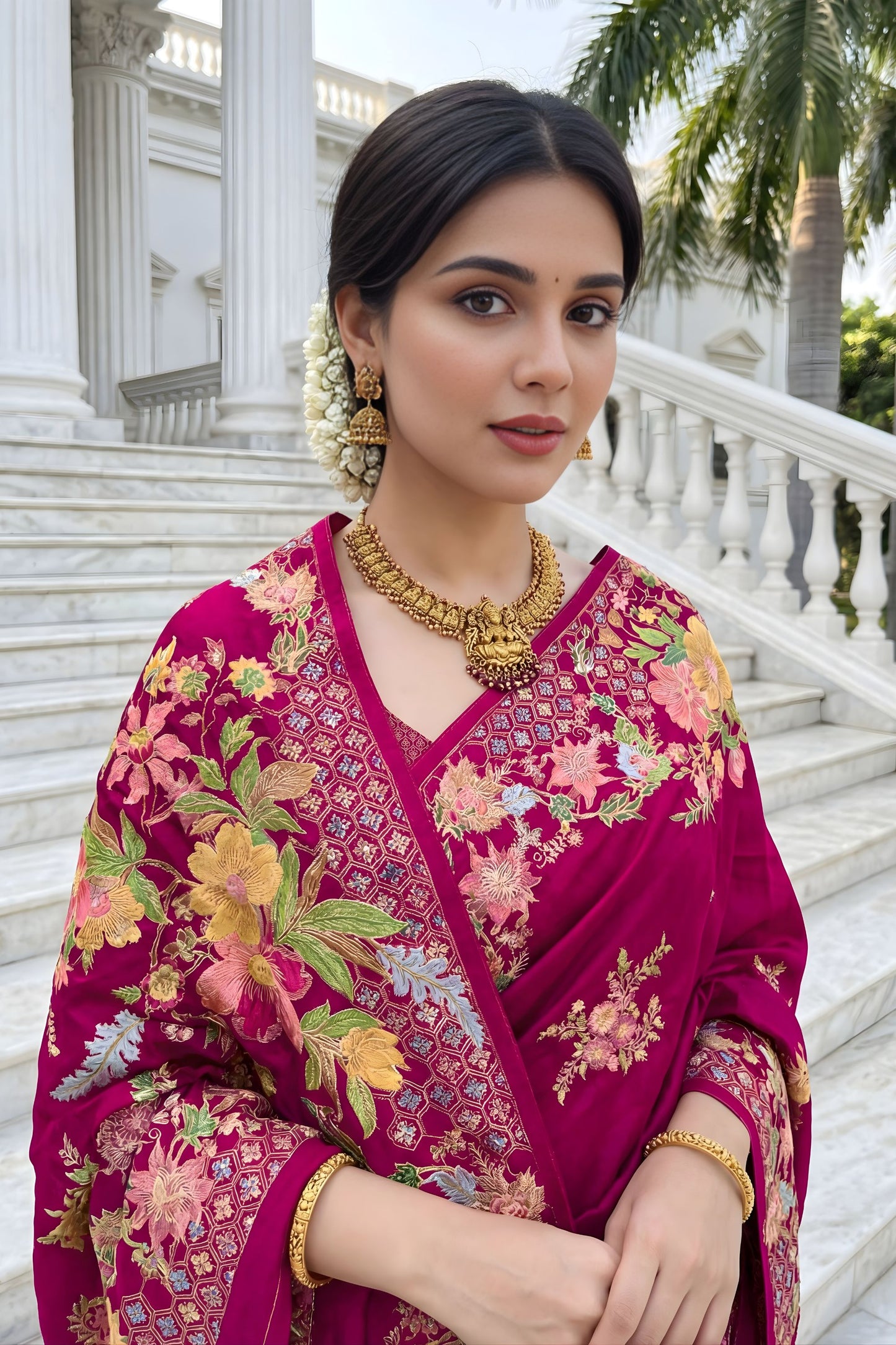Magenta Floral Printed Silk Saree Rich Border Traditional Saree