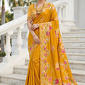 Mustard Yellow Floral Printed Silk Saree Traditional Border Saree