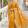  Mustard Yellow Floral Printed Silk Saree Traditional Border Saree 