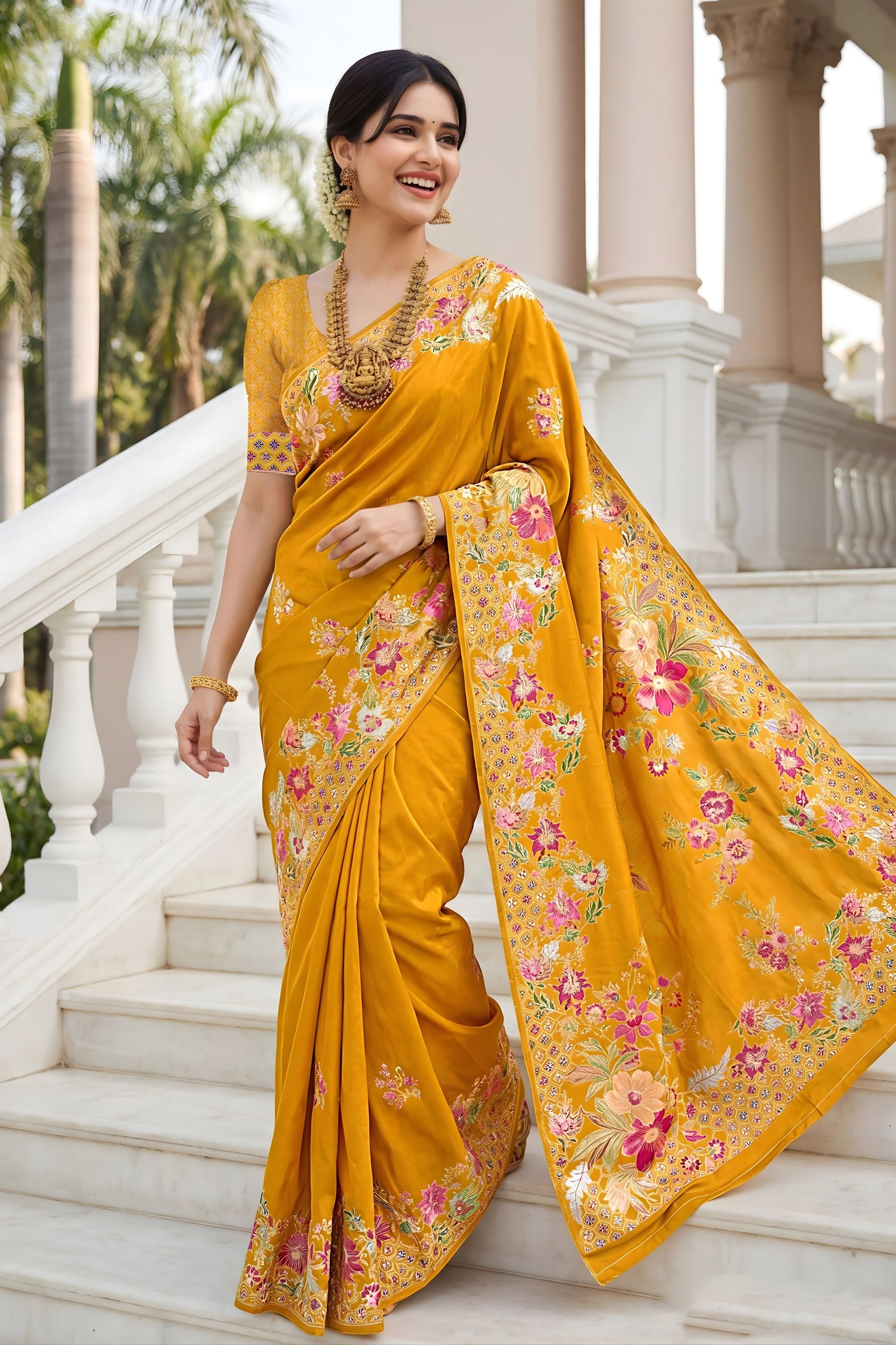  Mustard Yellow Floral Printed Silk Saree Traditional Border Saree 
