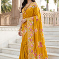 Mustard Yellow Floral Printed Silk Saree Traditional Border Saree