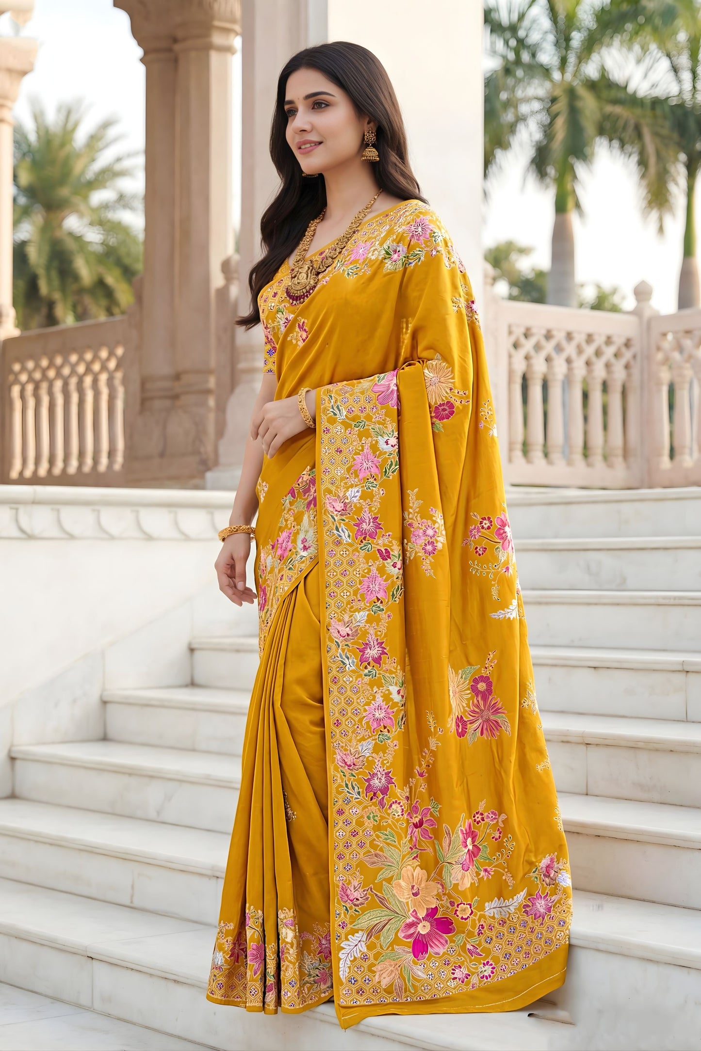 Mustard Yellow Floral Printed Silk Saree Traditional Border Saree