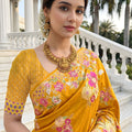 Mustard Yellow Floral Printed Silk Saree Traditional Border Saree