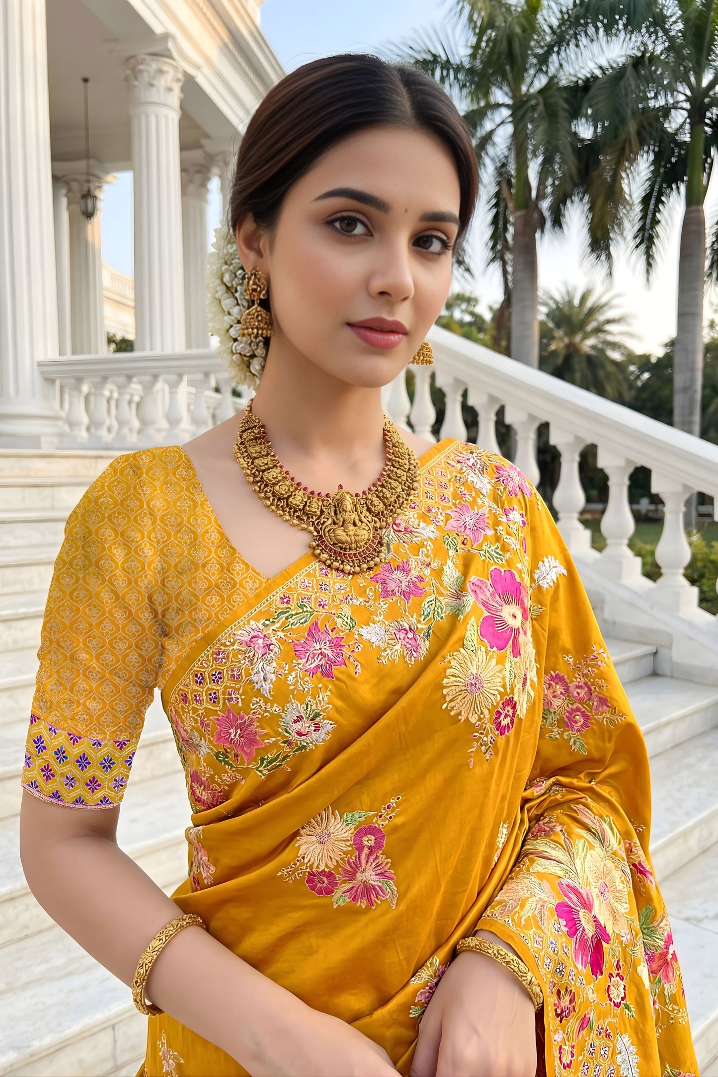 Mustard Yellow Floral Printed Silk Saree Traditional Border Saree