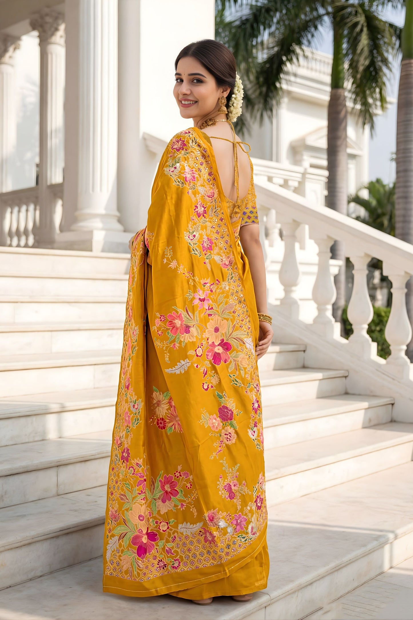 Mustard Yellow Floral Printed Silk Saree Traditional Border Saree