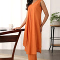 Elegant Rust Orange Cotton Sleeveless V-Neck Co-Ord Set with Straight Pants
