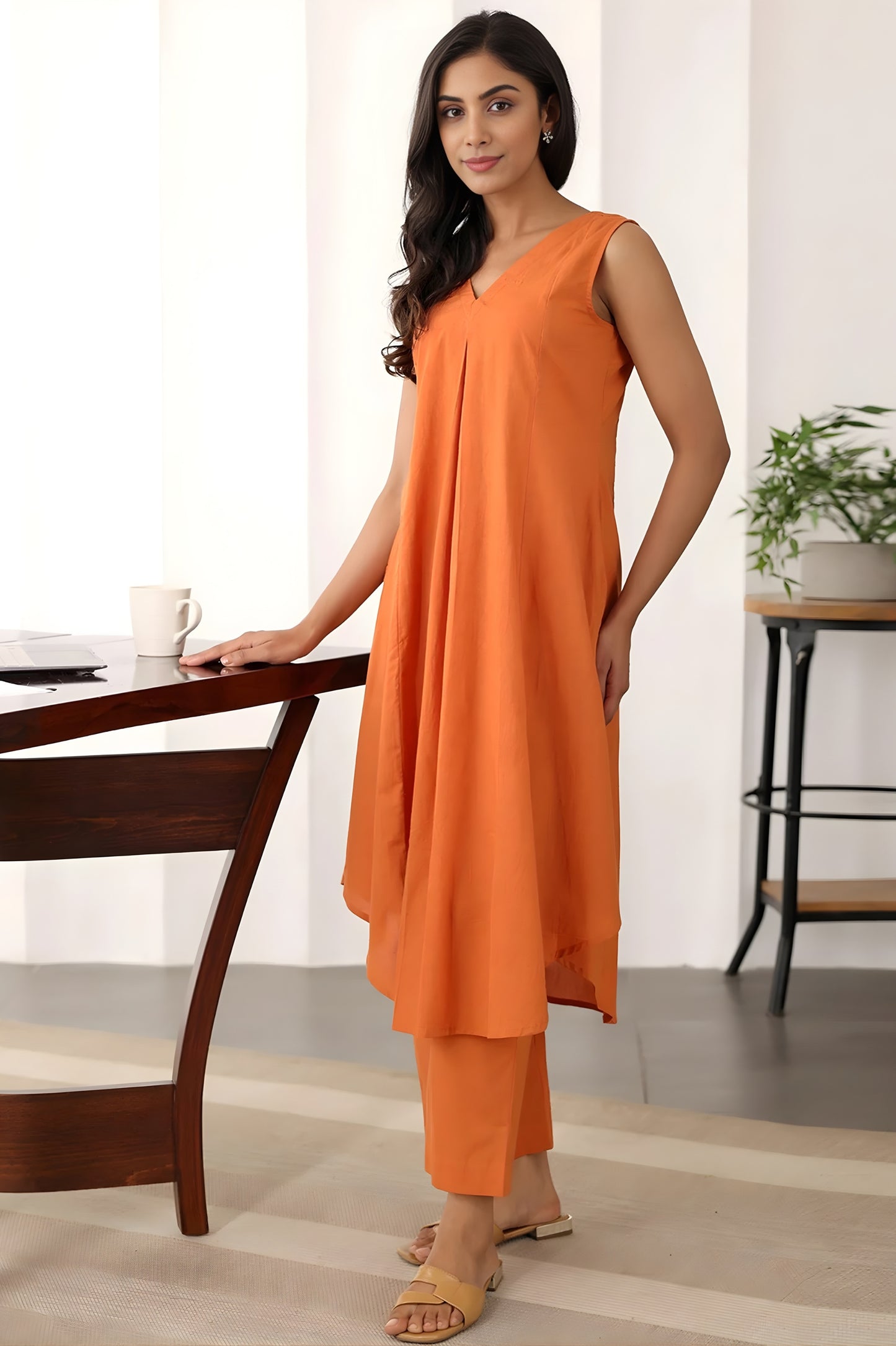 Elegant Rust Orange Cotton Sleeveless V-Neck Co-Ord Set with Straight Pants