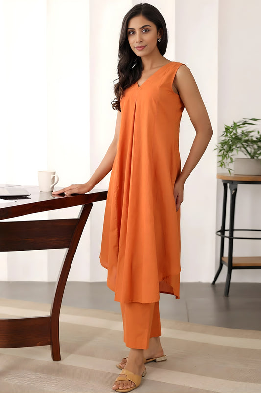 Elegant Rust Orange Cotton Sleeveless V-Neck Co-Ord Set with Straight Pants