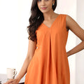 Elegant Rust Orange Cotton Sleeveless V-Neck Co-Ord Set with Straight Pants