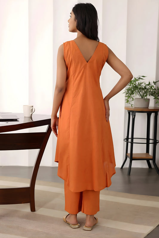 Elegant Rust Orange Cotton Sleeveless V-Neck Co-Ord Set with Straight Pants