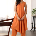 Elegant Rust Orange Cotton Sleeveless V-Neck Co-Ord Set with Straight Pants