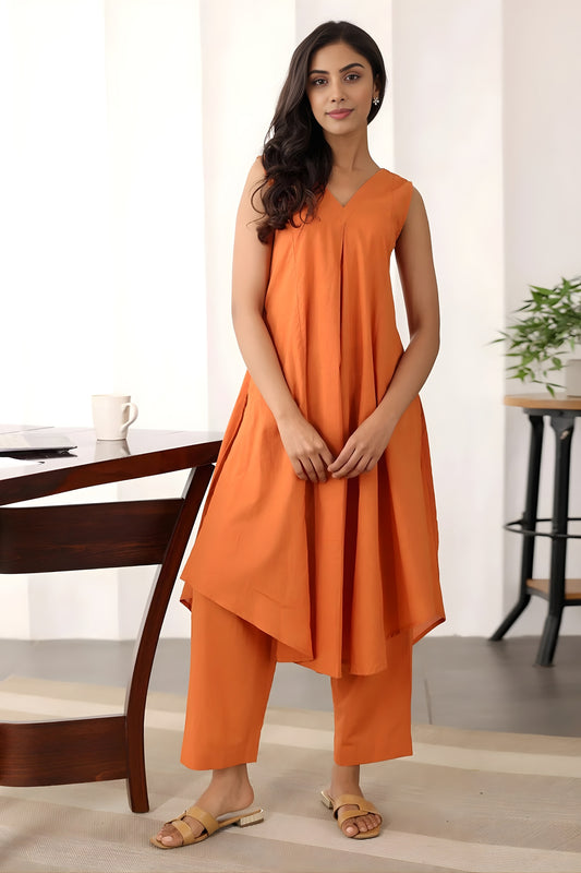 Elegant Rust Orange Cotton Sleeveless V-Neck Co-Ord Set with Straight Pants