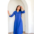 Stylish Royal Blue Cotton  Co-Ord Set with V-Neck 3/4 Sleeve Kurta and Straight Pants