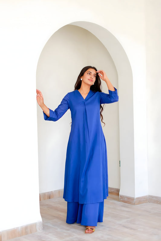Stylish Royal Blue Cotton  Co-Ord Set with V-Neck 3/4 Sleeve Kurta and Straight Pants