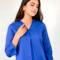 Stylish Royal Blue Cotton  Co-Ord Set with V-Neck 3/4 Sleeve Kurta and Straight Pants