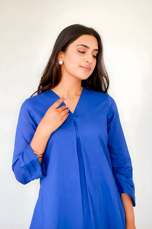 Stylish Royal Blue Cotton  Co-Ord Set with V-Neck 3/4 Sleeve Kurta and Straight Pants