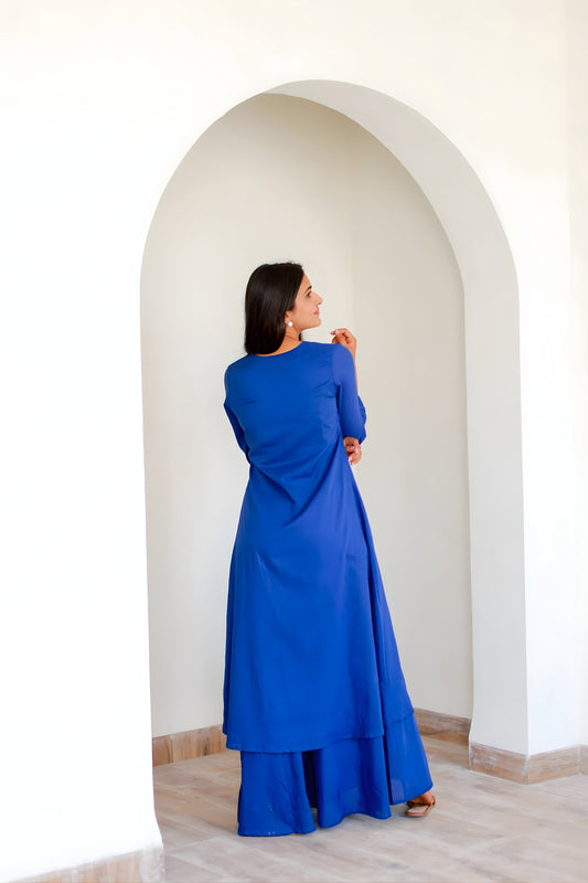 Stylish Royal Blue Cotton  Co-Ord Set with V-Neck 3/4 Sleeve Kurta and Straight Pants