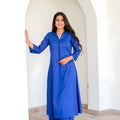 Stylish Royal Blue Cotton  Co-Ord Set with V-Neck 3/4 Sleeve Kurta and Straight Pants