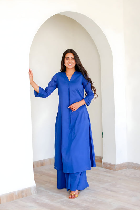 Stylish Royal Blue Cotton  Co-Ord Set with V-Neck 3/4 Sleeve Kurta and Straight Pants
