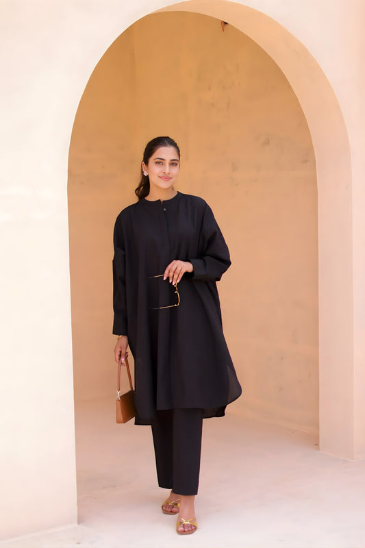 Fancy Black Cotton Sleeveless V-Neck Co-Ord Set with Straight Pants