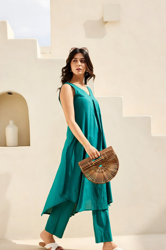 Stylish Teal Green Cotton Sleeveless V-Neck Co-Ord Set with Straight Pants