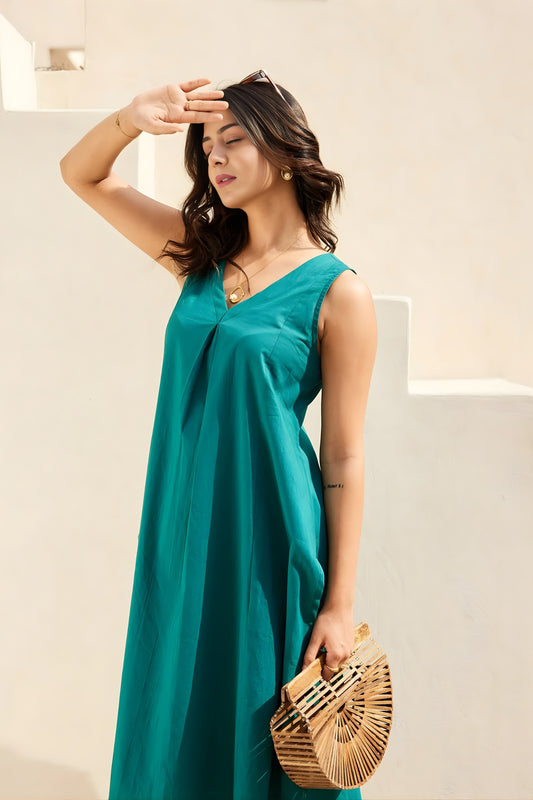 Stylish Teal Green Cotton Sleeveless V-Neck Co-Ord Set with Straight Pants
