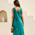 Stylish Teal Green Cotton Sleeveless V-Neck Co-Ord Set with Straight Pants