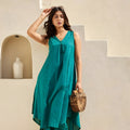Stylish Teal Green Cotton Sleeveless V-Neck Co-Ord Set with Straight Pants