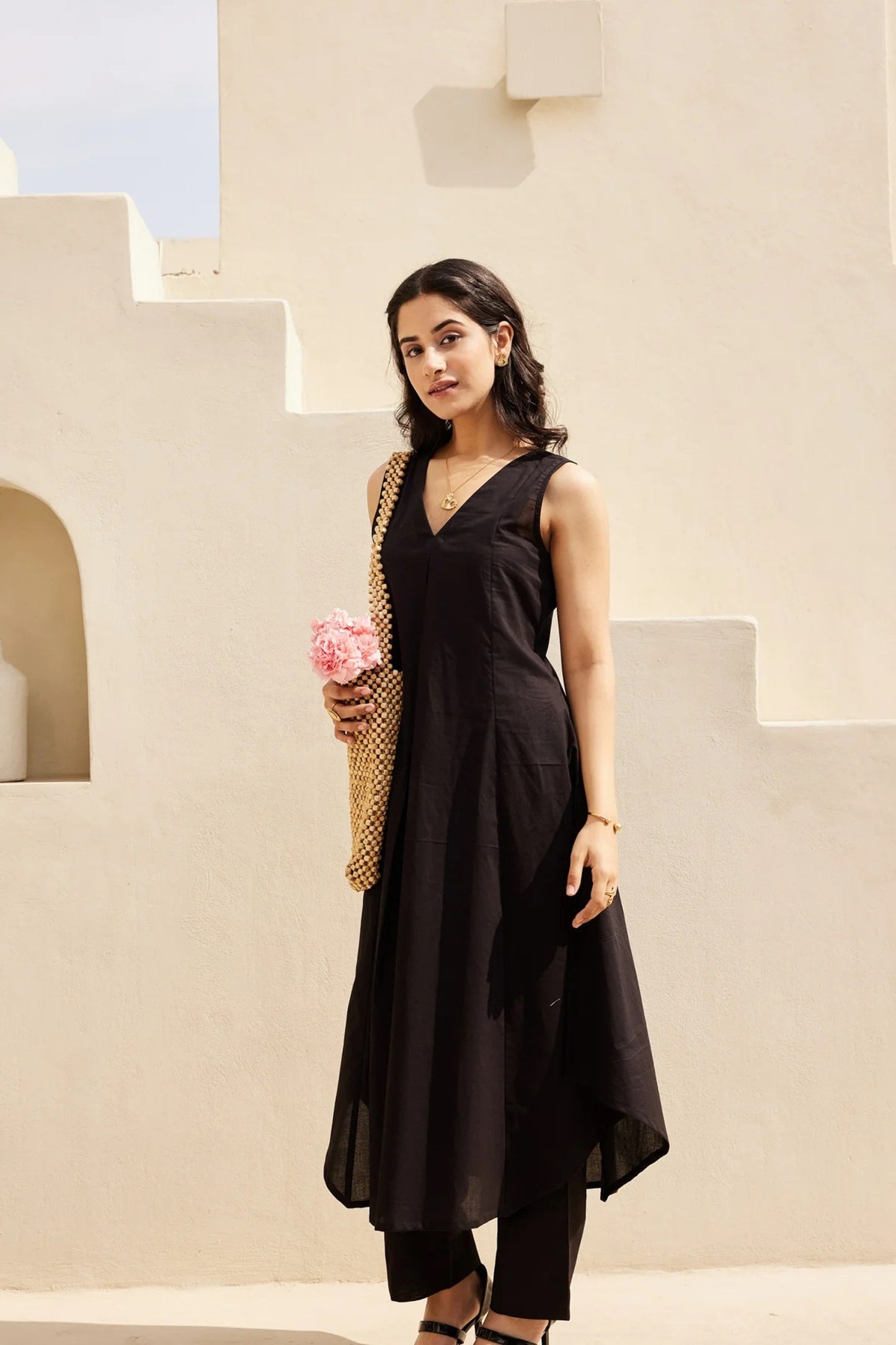 Fancy Black Cotton Sleeveless V-Neck Co-Ord Set with Straight Pants
