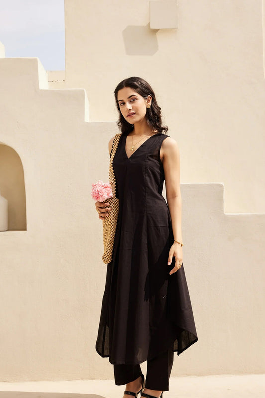 Fancy Black Cotton Sleeveless V-Neck Co-Ord Set with Straight Pants