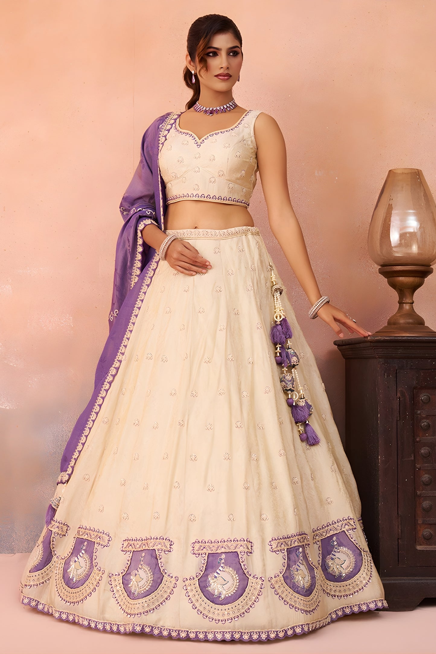 Elegant Cream Jacquard Silk Embroidered Lehenga Choli with Purple Dupatta