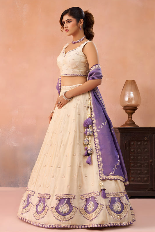 Elegant Cream Jacquard Silk Embroidered Lehenga Choli with Purple Dupatta