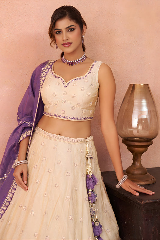 Elegant Cream Jacquard Silk Embroidered Lehenga Choli with Purple Dupatta