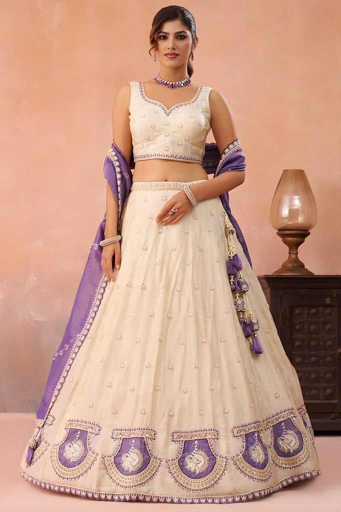Elegant Cream Jacquard Silk Embroidered Lehenga Choli with Purple Dupatta