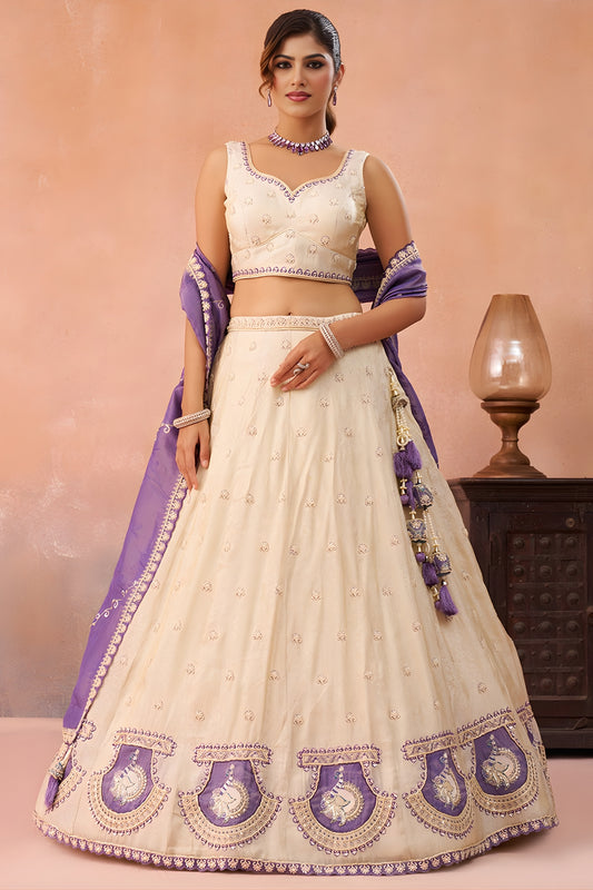 Elegant Cream Jacquard Silk Embroidered Lehenga Choli with Purple Dupatta