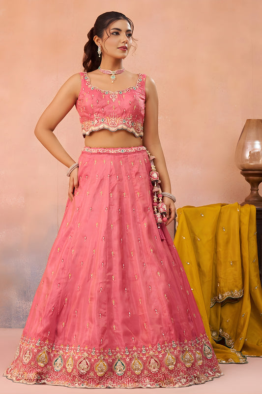 Stunning Pink Cosmos Silk Embroidered Lehenga Choli with Mustard Yellow Dupatta