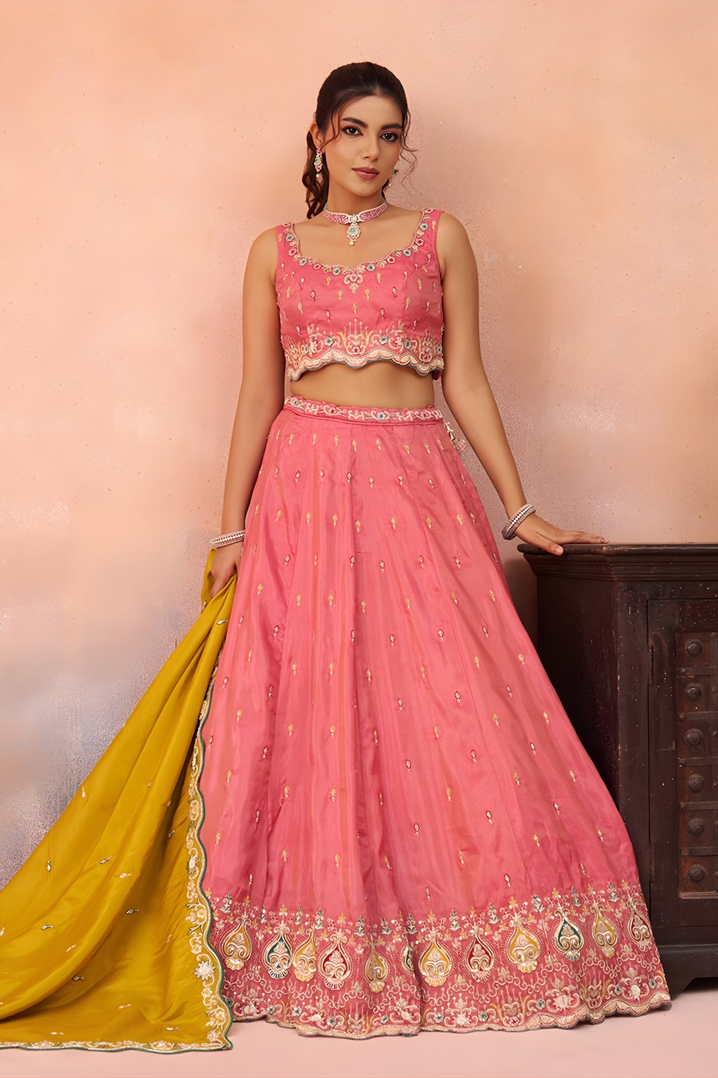 Stunning Pink Cosmos Silk Embroidered Lehenga Choli with Mustard Yellow Dupatta