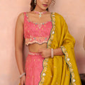 Stunning Pink Cosmos Silk Embroidered Lehenga Choli with Mustard Yellow Dupatta