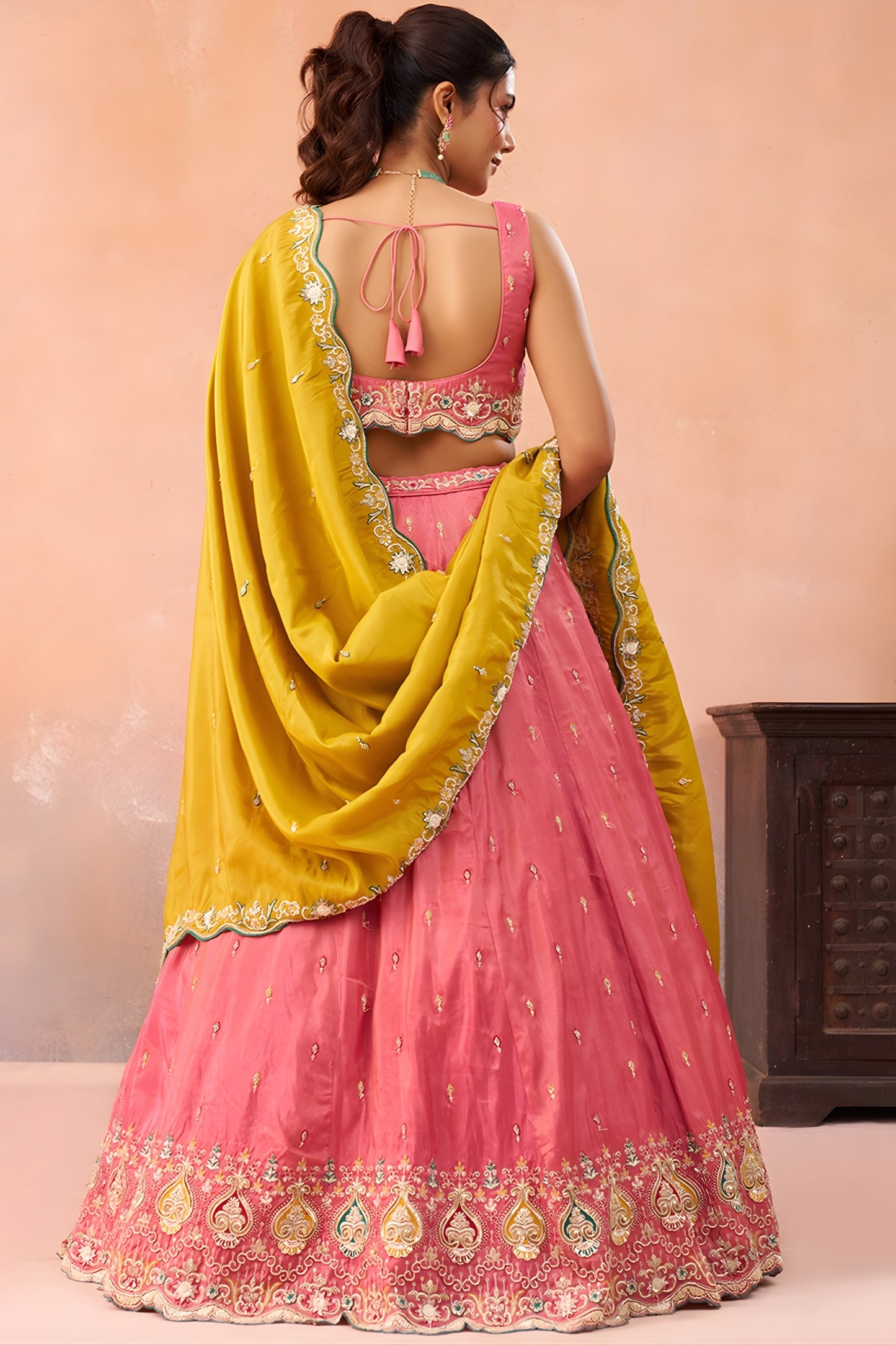 Stunning Pink Cosmos Silk Embroidered Lehenga Choli with Mustard Yellow Dupatta
