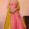 Stunning Pink Cosmos Silk Embroidered Lehenga Choli with Mustard Yellow Dupatta