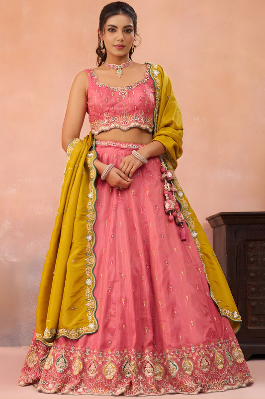 Stunning Pink Cosmos Silk Embroidered Lehenga Choli with Mustard Yellow Dupatta
